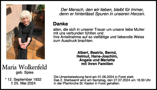 Traueranzeige von Maria Wolkenfeld von WochenSpiegel