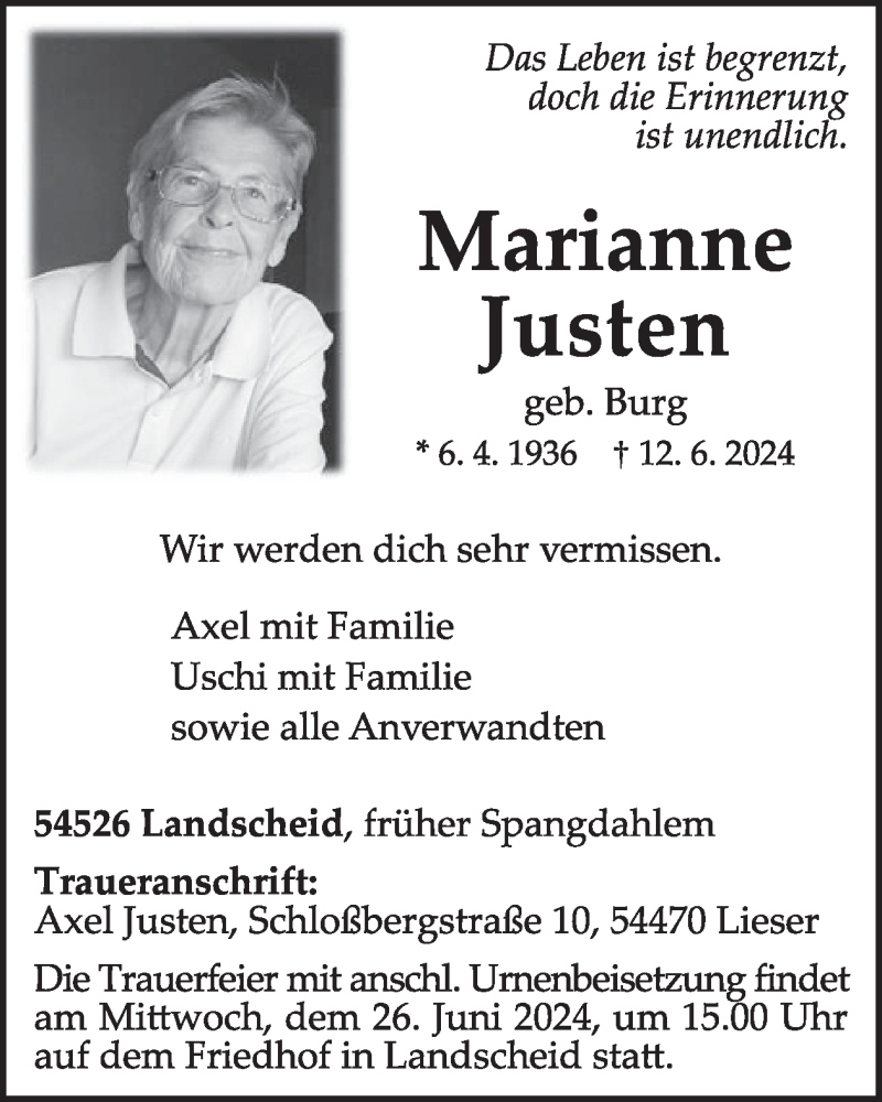  Traueranzeige für Marianne Justen vom 21.06.2024 aus WochenSpiegel