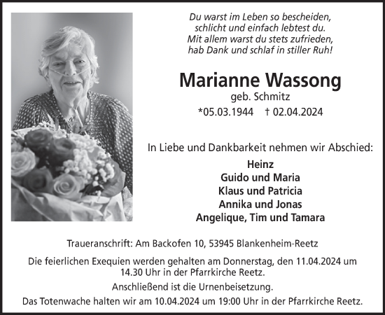 Traueranzeige von Marianne Wassong von WochenSpiegel