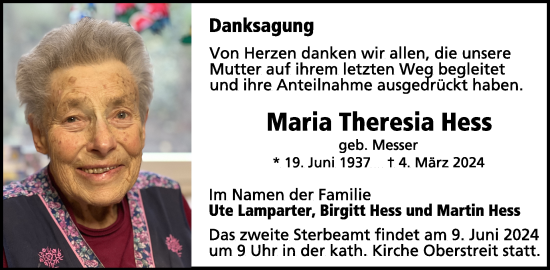 Traueranzeige von Maria Theresia Hess von WochenSpiegel