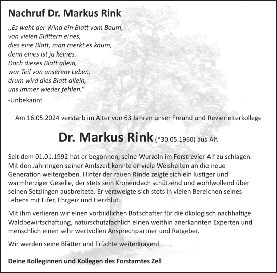 Traueranzeige von Markus Rink von WochenSpiegel