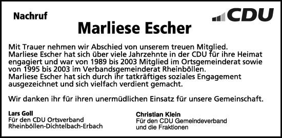Traueranzeige von Marliese Escher von WochenSpiegel