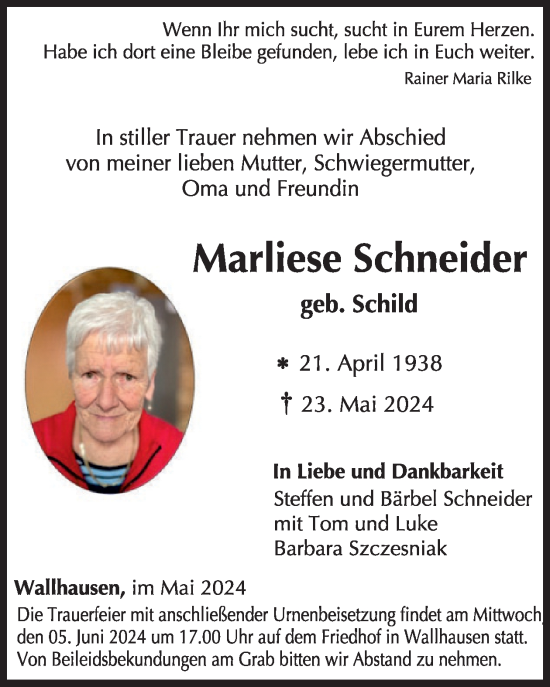Traueranzeige von Marliese Schneider von WochenSpiegel