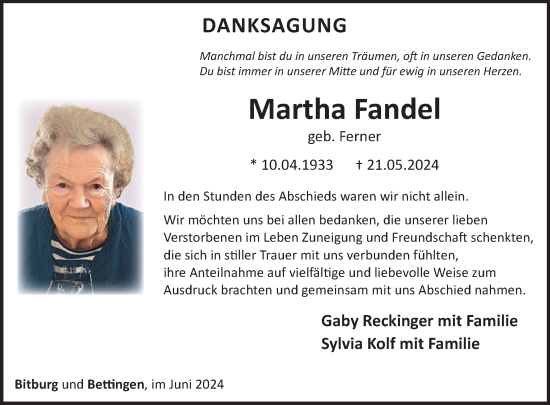 Traueranzeige von Martha Fandel von WochenSpiegel