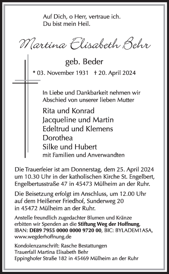 Traueranzeige von Martina  Behr  von WochenSpiegel
