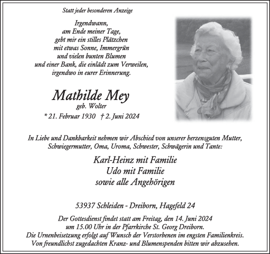 Traueranzeige von Mathilde Mey von WochenSpiegel