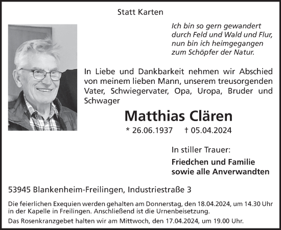 Traueranzeige von Matthias Clären von WochenSpiegel