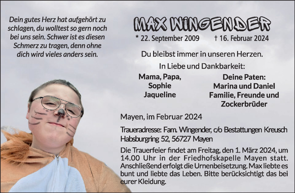  Traueranzeige für Max Wingender vom 28.02.2024 aus WochenSpiegel