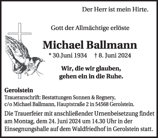 Traueranzeige von Michael Ballmann von WochenSpiegel