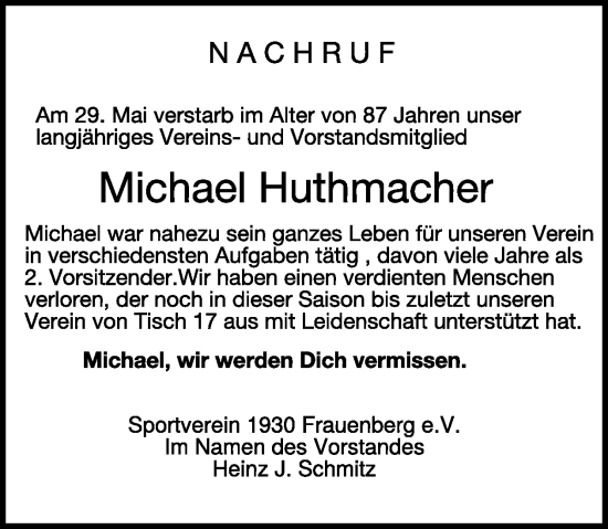 Traueranzeige von Michael Huthmacher von WochenSpiegel