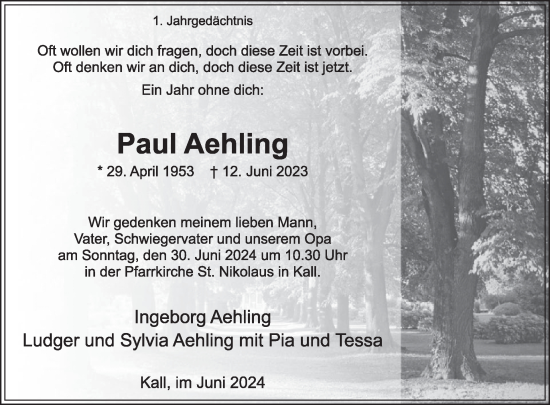 Traueranzeige von Paul Aehling von WochenSpiegel