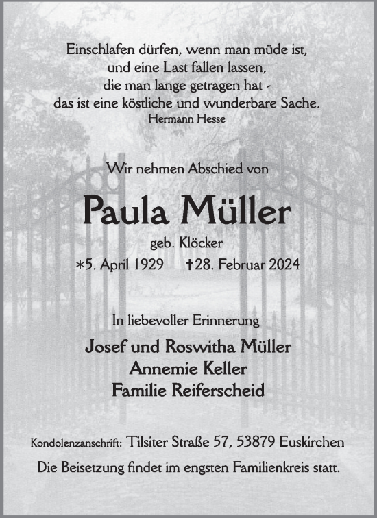 Traueranzeige von Paula Müller von WochenSpiegel