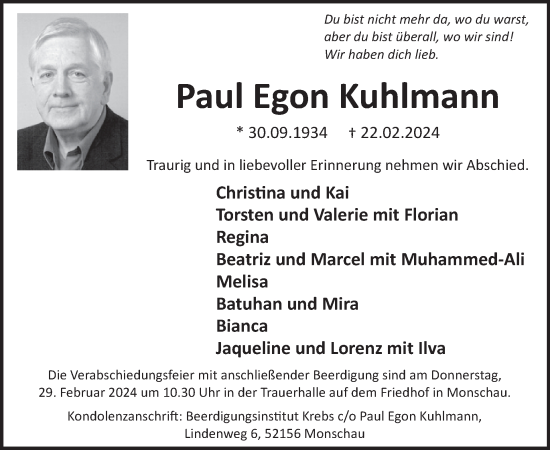 Traueranzeige von Paul Egon Kuhlmann von WochenSpiegel