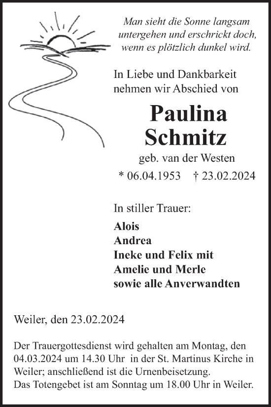 Traueranzeige von Paulina Schmitz von WochenSpiegel