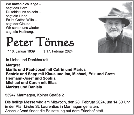 Traueranzeige von Peter Tönnes von WochenSpiegel