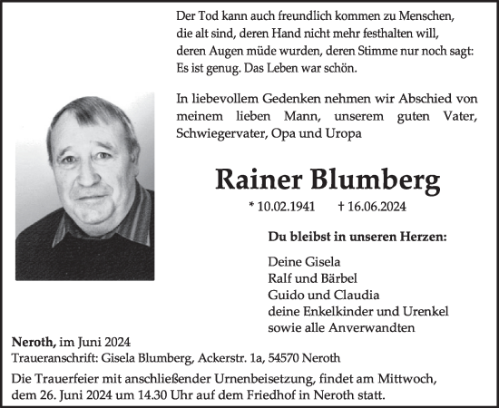 Traueranzeige von Rainer Blumberg von WochenSpiegel