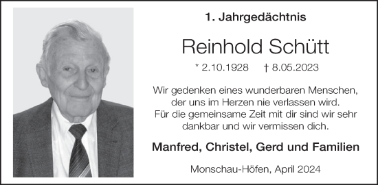 Traueranzeige von Reinhold Schütt von WochenSpiegel