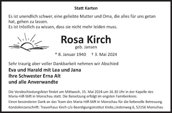 Traueranzeige von Rosa Kirch von WochenSpiegel