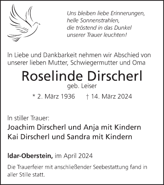 Traueranzeige von Roselinde Dirscherl von WochenSpiegel