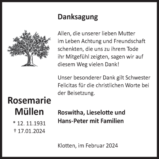 Traueranzeige von Rosemarie Müllen von WochenSpiegel