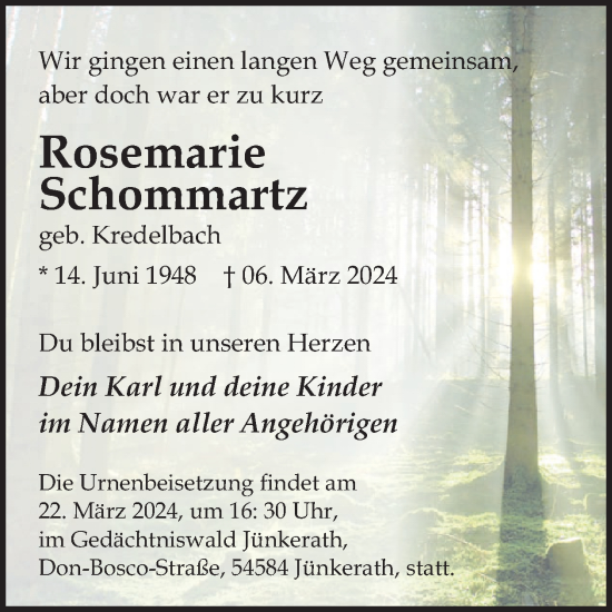 Traueranzeige von Rosemarie Schommartz von WochenSpiegel