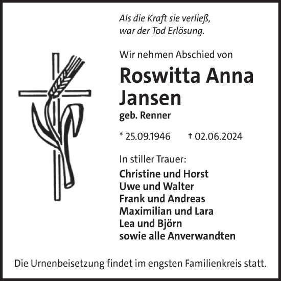 Traueranzeige von Roswitta Anna Jansen von WochenSpiegel