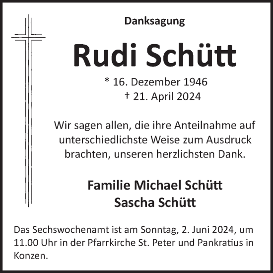 Traueranzeige von Rudi Schütt von WochenSpiegel