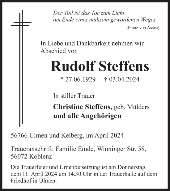 Traueranzeige von Rudolf Steffens von WochenSpiegel