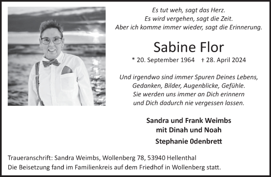 Traueranzeige von Sabine Flor von WochenSpiegel