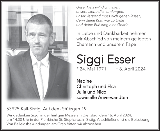 Traueranzeige von Siggi Esser von WochenSpiegel