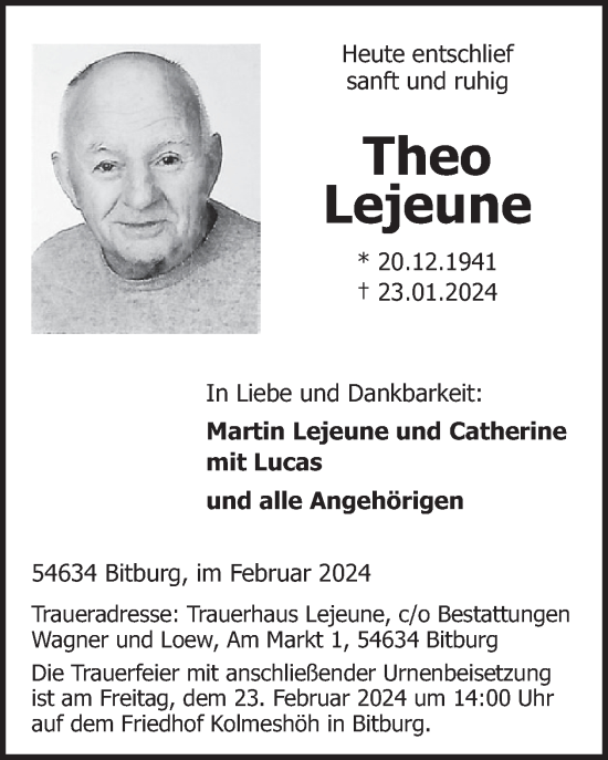 Traueranzeige von Theo Lejeune von WochenSpiegel