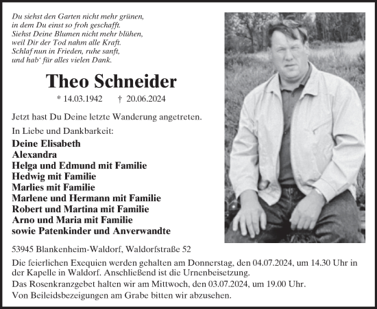 Traueranzeige von Theo Schneider von WochenSpiegel