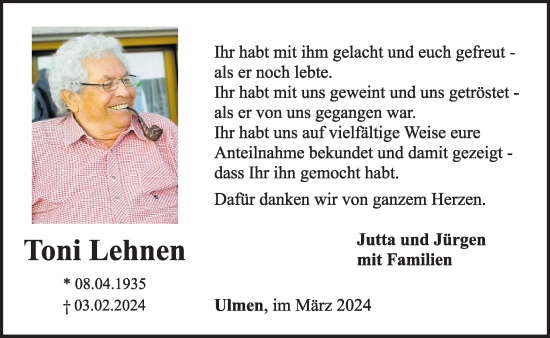 Traueranzeige von Toni Lehnen von WochenSpiegel