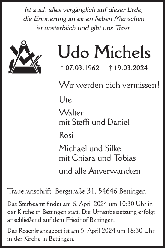 Traueranzeige von Udo Michels von WochenSpiegel