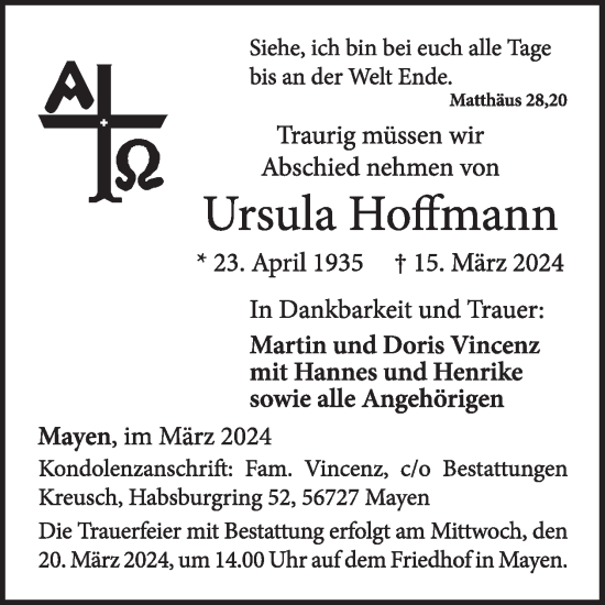 Traueranzeige von Ursula Hoffmann von WochenSpiegel