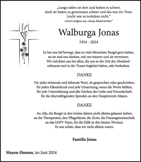 Traueranzeige von Walburga Jonas von WochenSpiegel