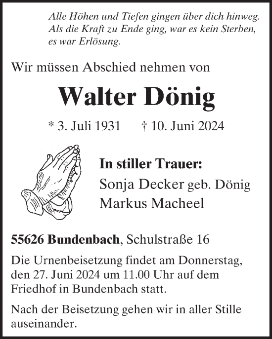 Traueranzeige von Walter Dönig von WochenSpiegel