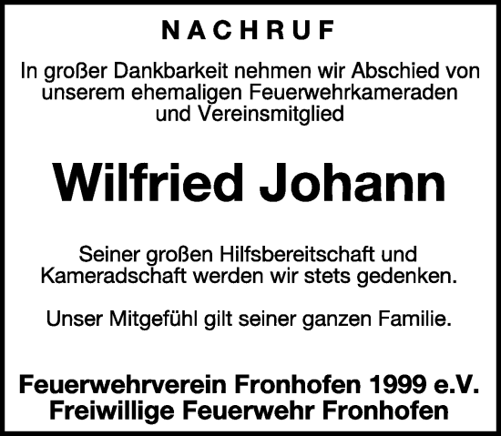 Traueranzeige von Wilfried Johann von WochenSpiegel