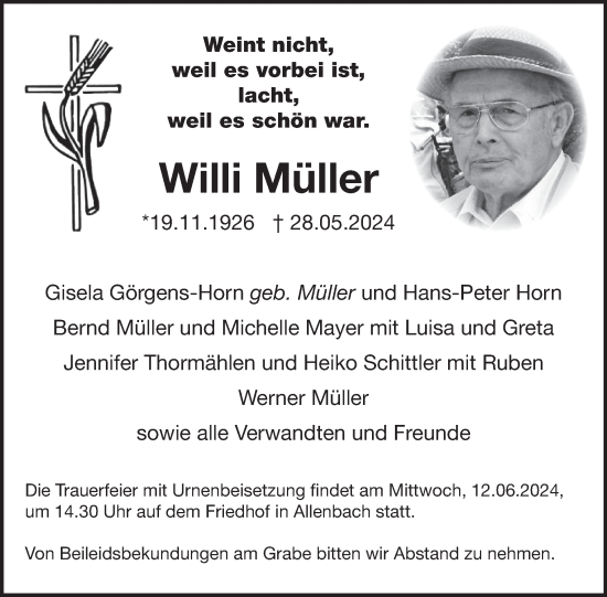 Traueranzeige von Willi Müller von WochenSpiegel