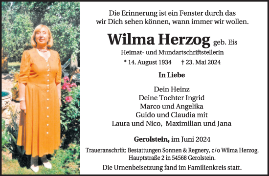 Traueranzeige von Wilma Herzog von WochenSpiegel