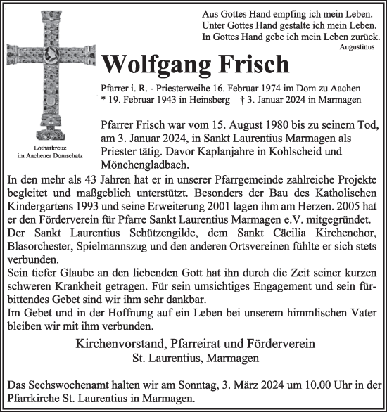 Traueranzeige von Wolfgang Frisch von WochenSpiegel