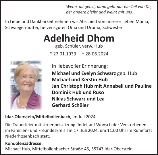 Traueranzeige von Adelheid Dhom von WochenSpiegel