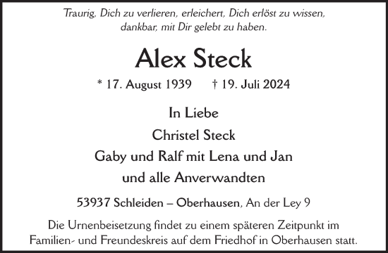 Traueranzeige von Alex Steck von WochenSpiegel