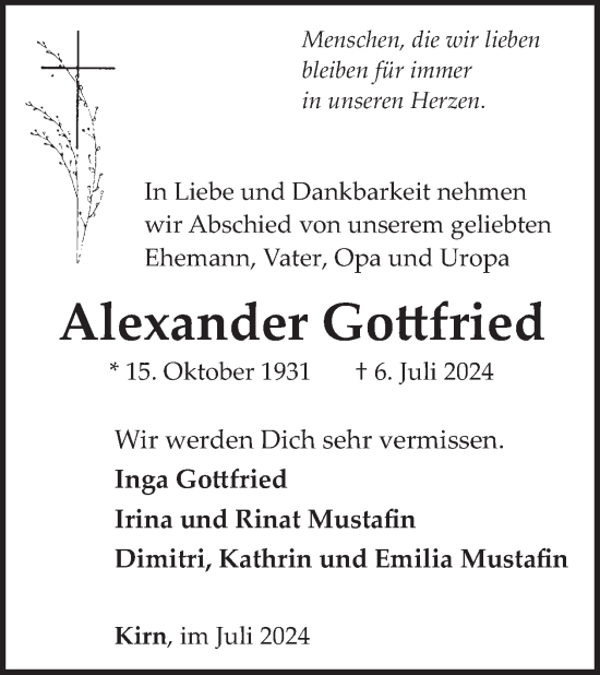 Traueranzeige von Alexander Gottfried von WochenSpiegel