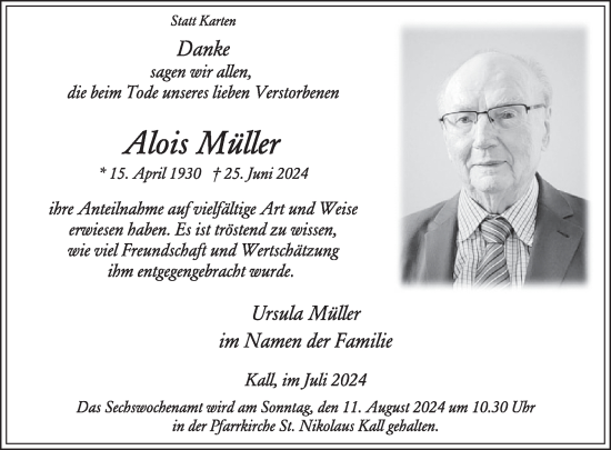 Traueranzeige von Alois Müller von WochenSpiegel