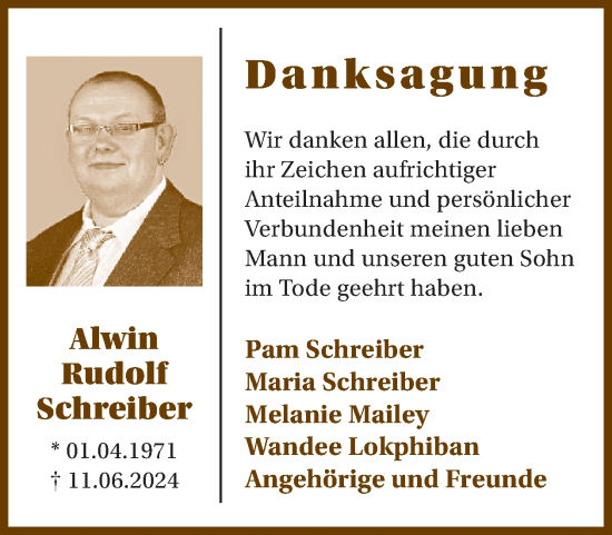 Traueranzeige von Alwin Rudolf Schreiber von WochenSpiegel