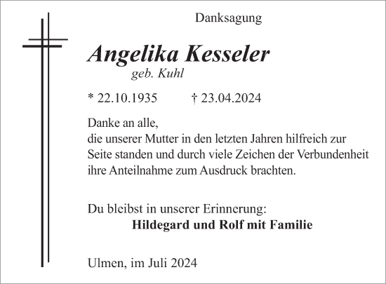 Traueranzeige von Angelika Kesseler von WochenSpiegel