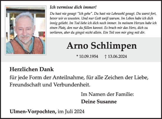 Traueranzeige von Arno Schlimpen von WochenSpiegel