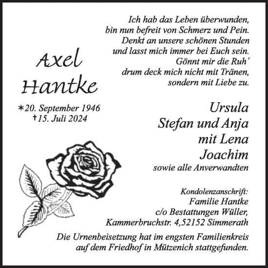 Traueranzeige von Axel Hantke von WochenSpiegel