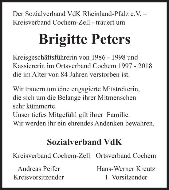 Traueranzeige von Brigitte Peters von WochenSpiegel